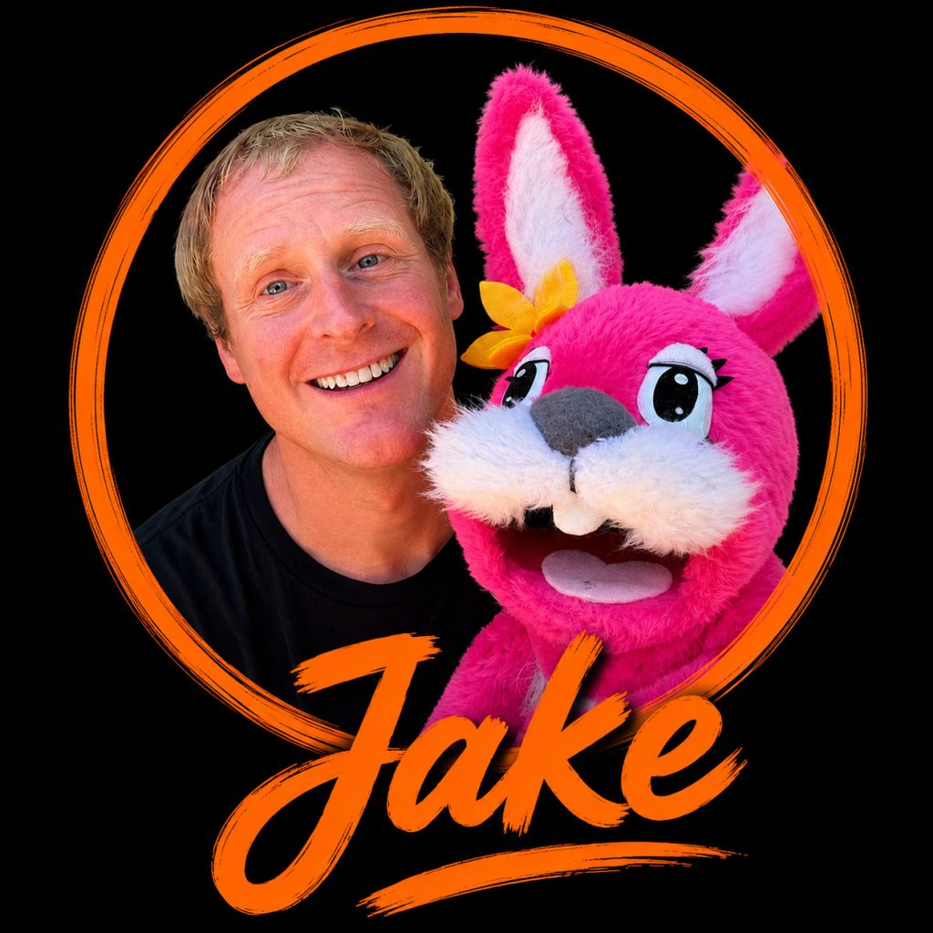 Jake, puppeteer and voice of Pink Patsy, with the Pink Patsy puppet at Magmay Books children's puppet shows in Muswell Hill, London.