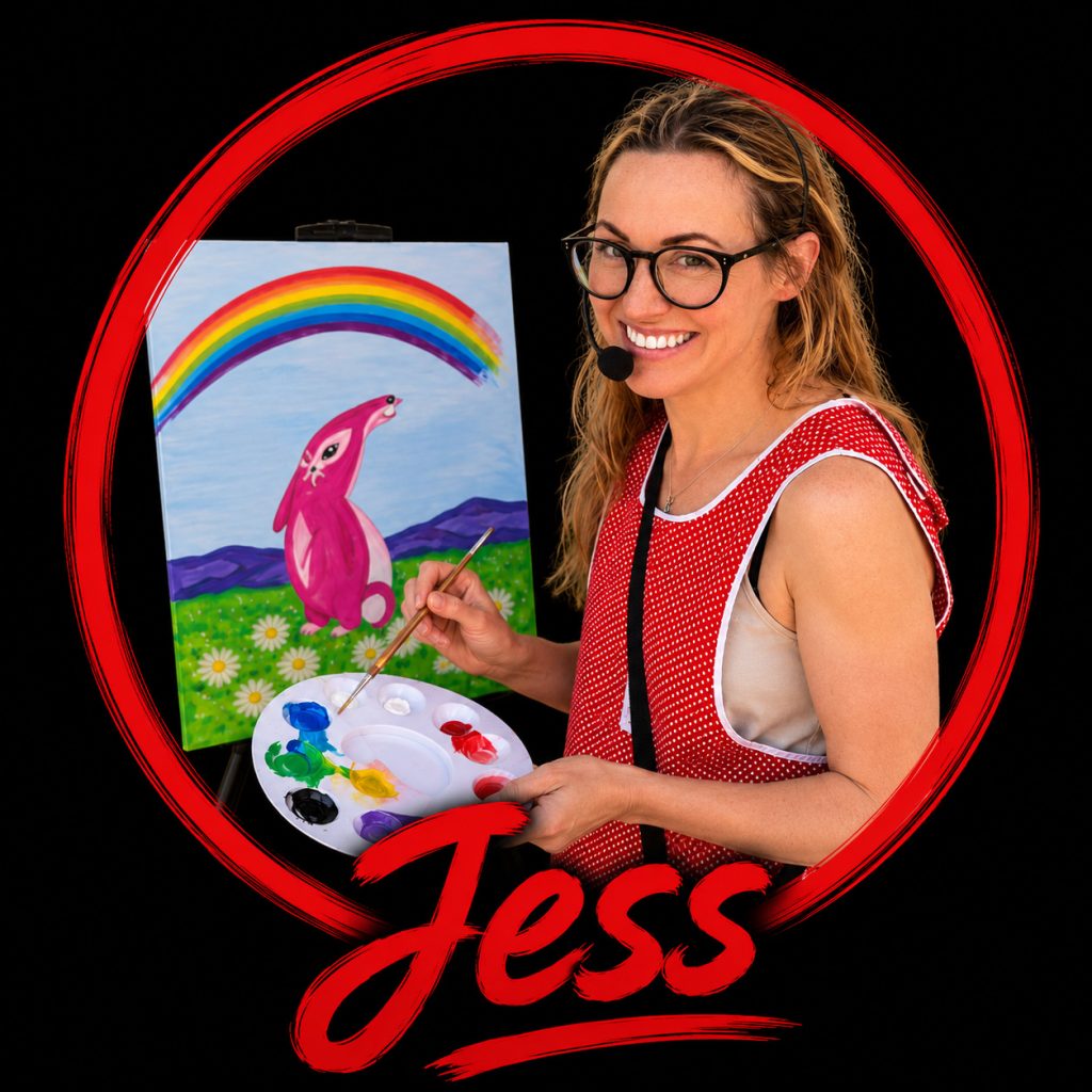 Jess, local artist and art teacher from Whetstone, painting Pink Patsy artwork for Magmay Books children's events and creative workshops.