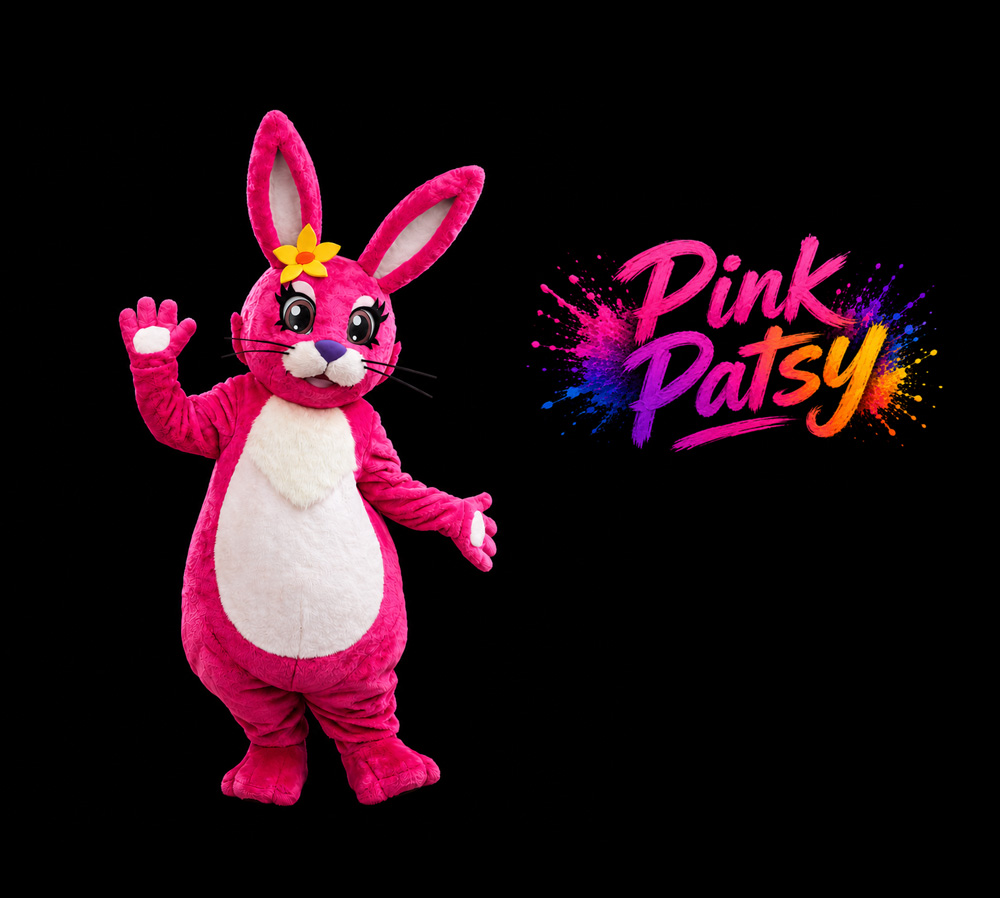 Pink Patsy bunny mascot for children's parties, birthday celebrations, school visits, library events and family entertainment.
