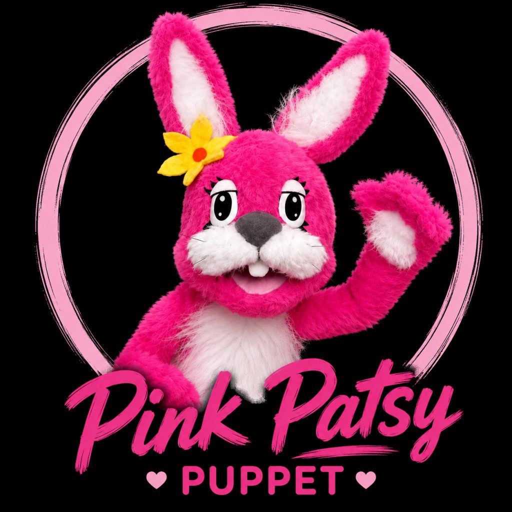 Pink Patsy rabbit puppet waving, star of the Pink Patsy children's puppet show by Magmay Books.