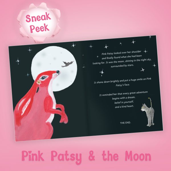Sneak peek inside Pink Patsy and the Moon, showing an illustrated page with Pink Patsy gazing at the moon.