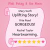 Reader testimonials for Pink Patsy and the Moon, featuring five-star reviews describing the book as uplifting, gorgeous, and heartwarming.