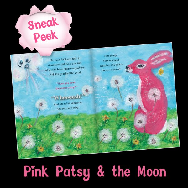 pink patsy and the moon x Sneak peek inside Pink Patsy and the Moon, showing Pink Patsy in a colourful meadow with dandelions on her adventure.