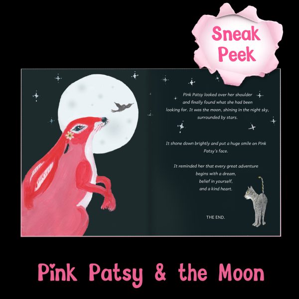 pink patsy and the moon x Sneak peek inside Pink Patsy and the Moon, showing an illustrated page with Pink Patsy gazing at the moon.