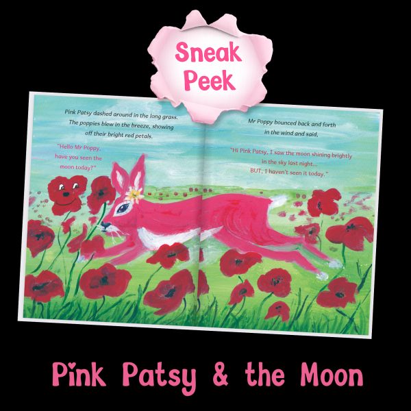 pink patsy and the moon x Sneak peek inside Pink Patsy and the Moon, showing Pink Patsy in a colourful meadow with poppies on her adventure.