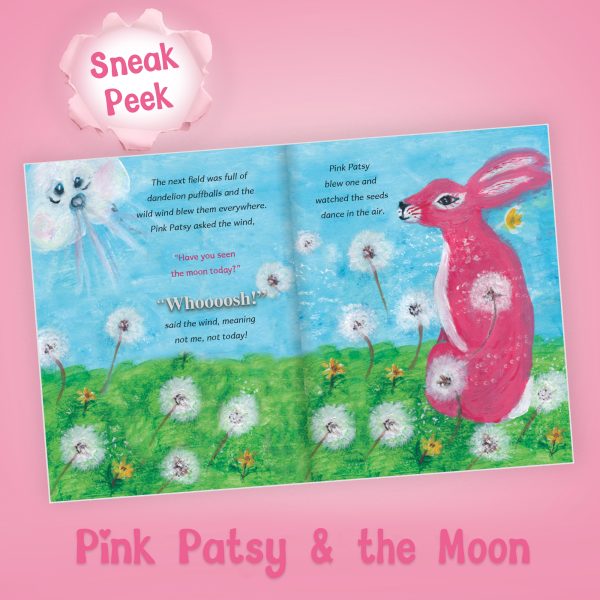 Sneak peek inside Pink Patsy and the Moon, showing Pink Patsy in a colourful meadow with dandelions on her adventure.