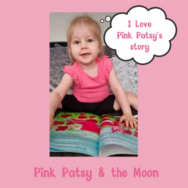 Young child enjoying Pink Patsy and the Moon with a speech bubble saying, "I Love Pink Patsy's Story."