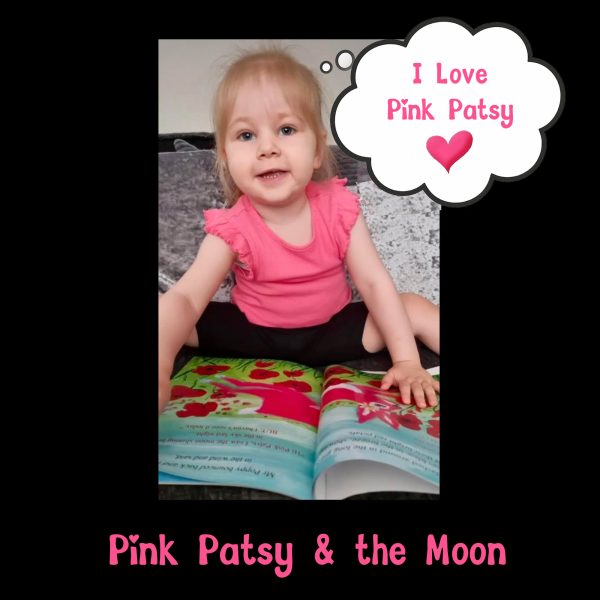 pink patsy and the moon x Young child enjoying Pink Patsy and the Moon with a speech bubble saying, "I Love Pink Patsy's Story."