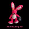 Pink Patsy Teddy Hara soft plush hare with Pink Patsy Passport on a black background.