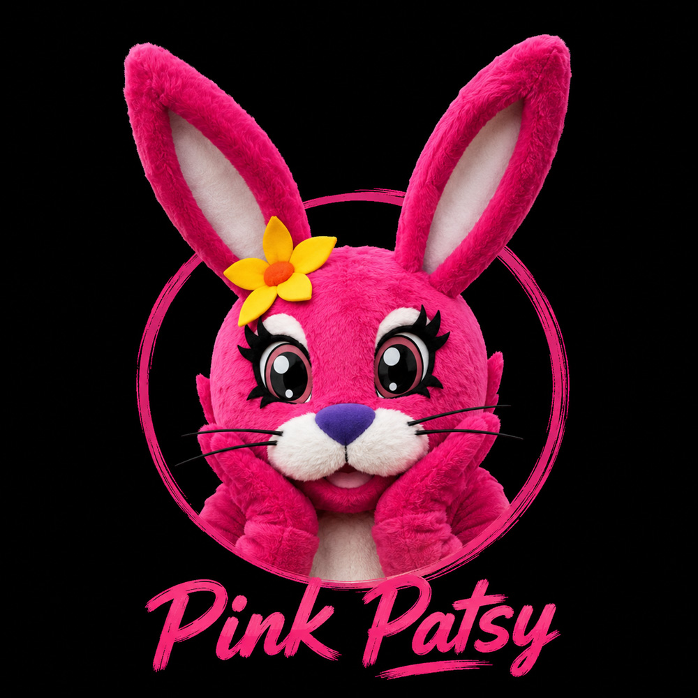 Pink Patsy, the friendly Magmay Books bunny mascot, smiling with her paws on her cheeks against a black background.