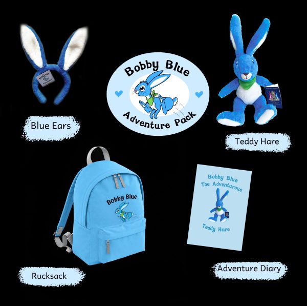 Bobby Blue Adventure Pack contents Bobby Blue Adventure Pack contents: blue soft ears, Bobby Blue Teddy Hare, blue rucksack and the Adventure Diary