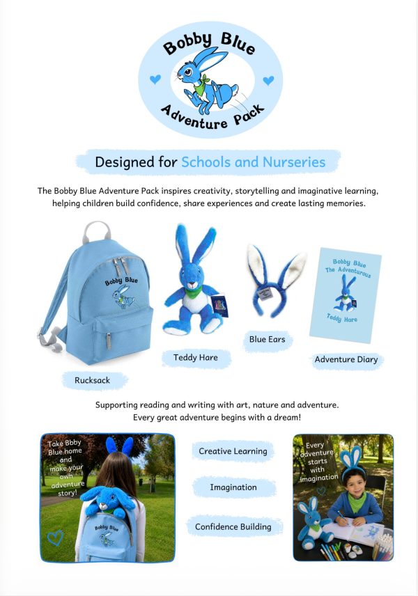 Bobby Blue Adventure Pack for schools and nurseries Bobby Blue Adventure Pack: blue rucksack, Bobby Blue Teddy Hare, blue soft ears and Adventure Diary, designed for schools and nurseries
