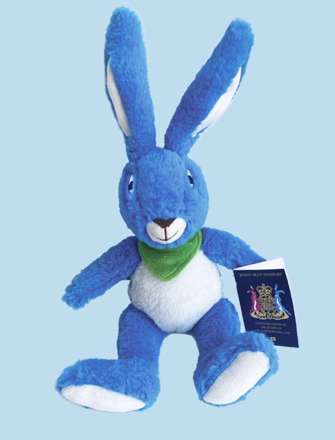Bobby Blue teddy hare holding his Bobby Blue passport