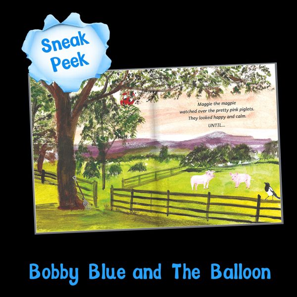 Sneak peek inside Bobby Blue and the Balloon: Maggie the magpie watches over the pink piglets