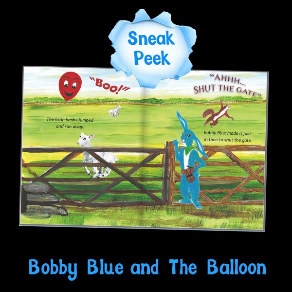 Sneak peek inside Bobby Blue and the Balloon: the balloon shouts Boo and Bobby Blue shuts the gate just in time