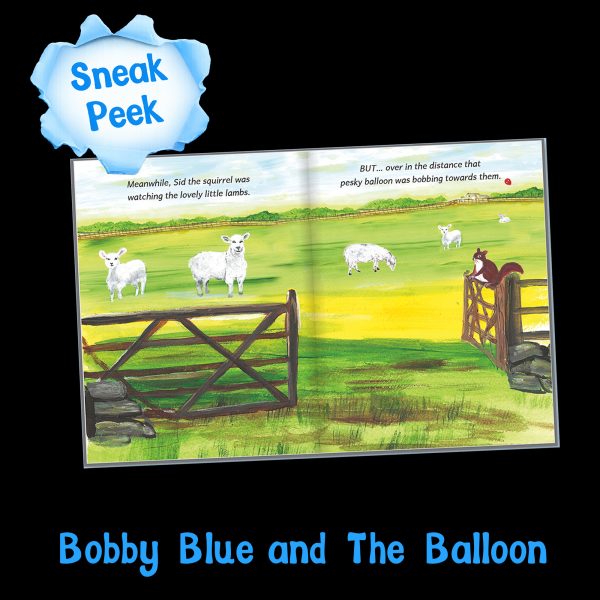 Sneak peek inside Bobby Blue and the Balloon: Sid the squirrel watches the lambs as the balloon bobs towards them