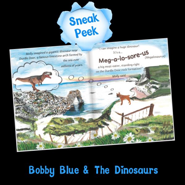 Sneak peek inside Bobby Blue and the Dinosaurs: Molly the French bulldog imagines a Megalosaurus at Durdle Door