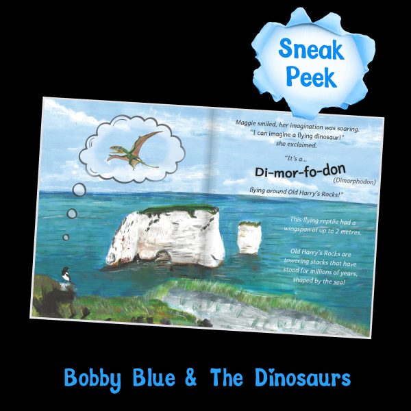 Sneak peek inside Bobby Blue and the Dinosaurs: Maggie the magpie imagines a Dimorphodon flying around Old Harry's Rocks