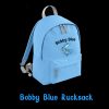 Bobby Blue Rucksack Bobby Blue Rucksack: light blue children's backpack with grey straps and the Bobby Blue name and running hare logo