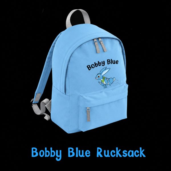 Bobby Blue Rucksack Bobby Blue Rucksack: light blue children's backpack with grey straps and the Bobby Blue name and running hare logo
