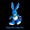 Bobby Blue Teddy Hare: soft blue and white plush hare with a green scarf, holding his Bobby Blue passport