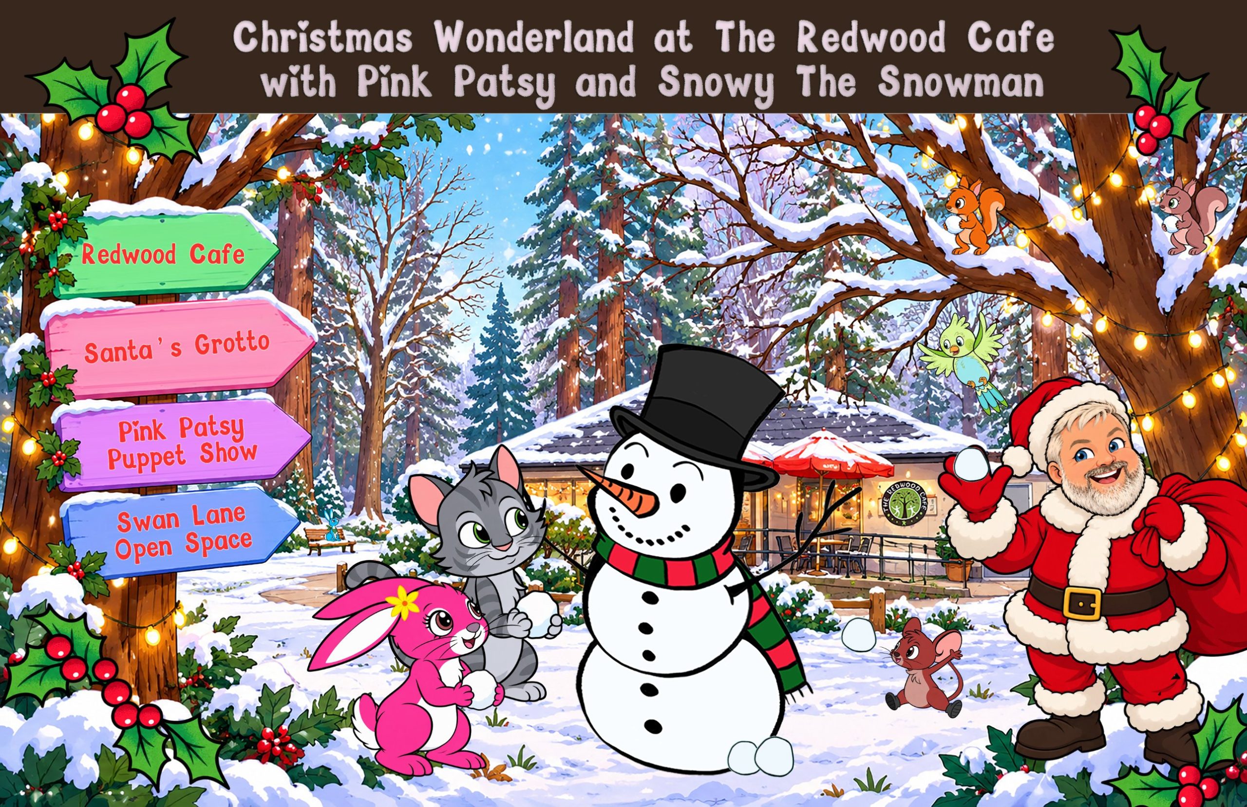 Christmas Wonderland at The Redwood Cafe in Swan Lane Open Space, Whetstone, with Pink Patsy, Snowy the Snowman and Father Christmas