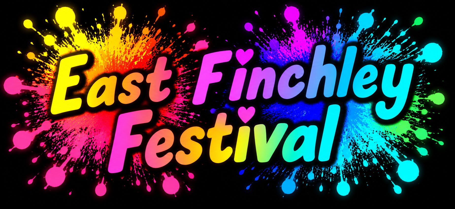 East Finchley Festival title in bright neon paint-splash lettering for Pink Patsy at the East Finchley Festival by Magmay Books