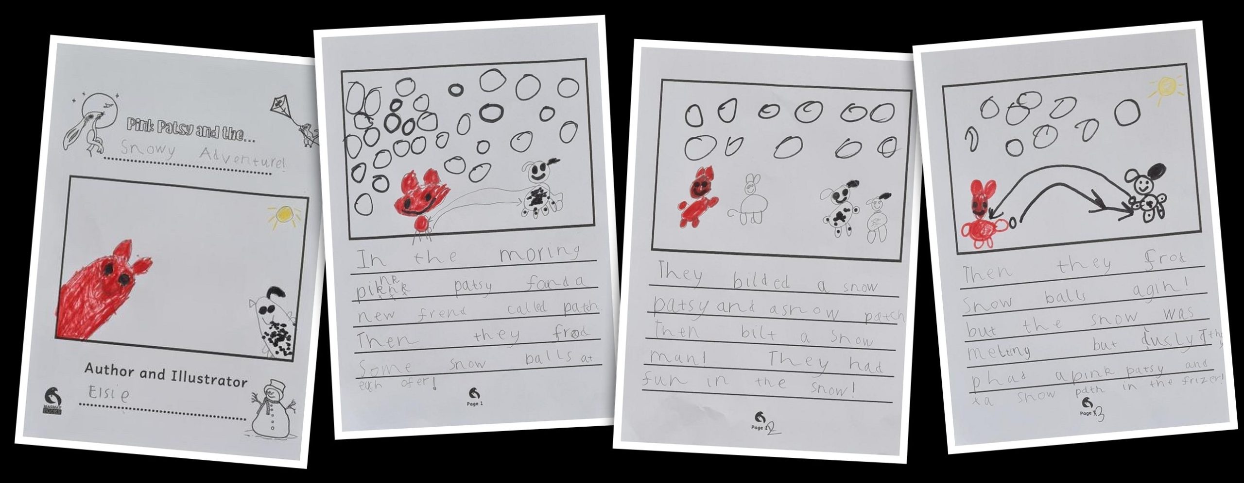 A child’s handmade story book, Pink Patsy and the Snowy Adventure: cover and three illustrated pages written during a Magmay Books school visit
