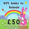 Gift books to schools, donate £50: Pink Patsy the pink bunny painting a rainbow. Help us put more books into local classrooms.