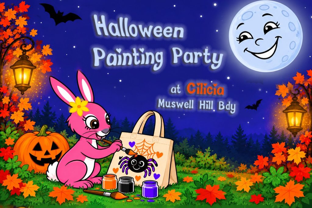 Pink Patsy painting a spider on a trick or treat bag beside a jack-o-lantern – Halloween Painting Party at Cilicia, Muswell Hill Broadway