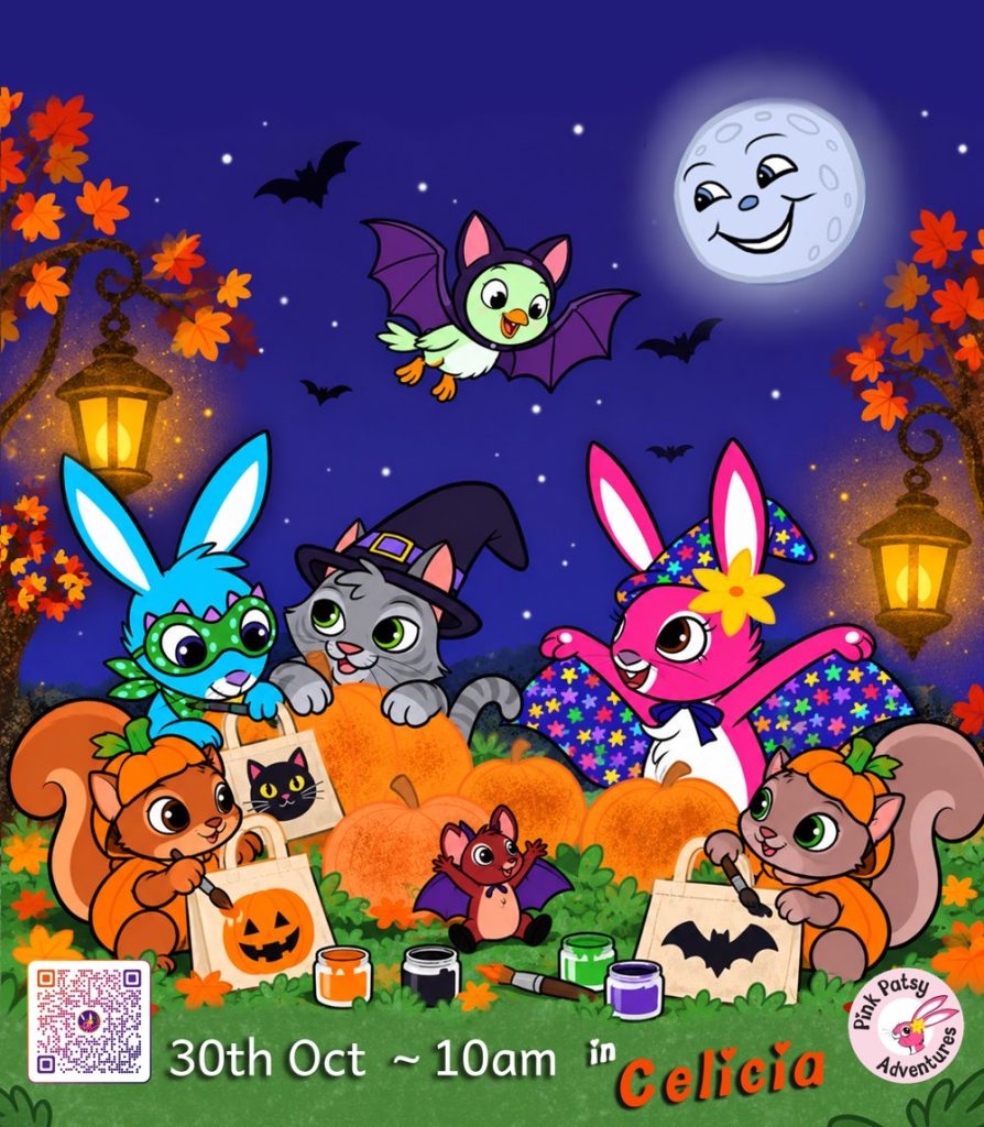 Pink Patsy, Bobby Blue and friends in Halloween costumes painting trick or treat bags among pumpkins under a smiling moon