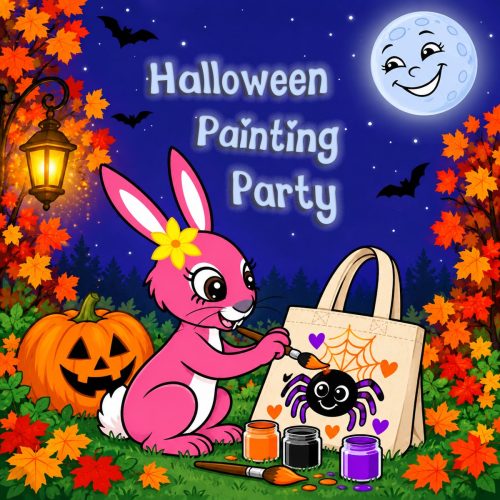 Halloween Painting Party – Pink Patsy Ticket Pink Patsy painting a spider on a trick or treat bag beside a jack-o-lantern under a smiling moon – Halloween Painting Party