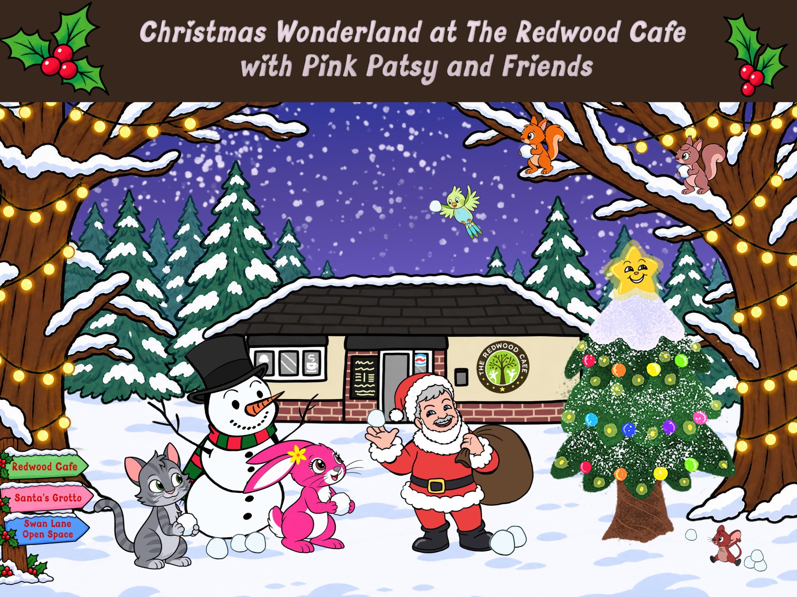 Christmas Wonderland at The Redwood Cafe with Pink Patsy and friends: a snowman, a tabby cat, Father Christmas and a decorated tree in the snow at Swan Lane Open Space