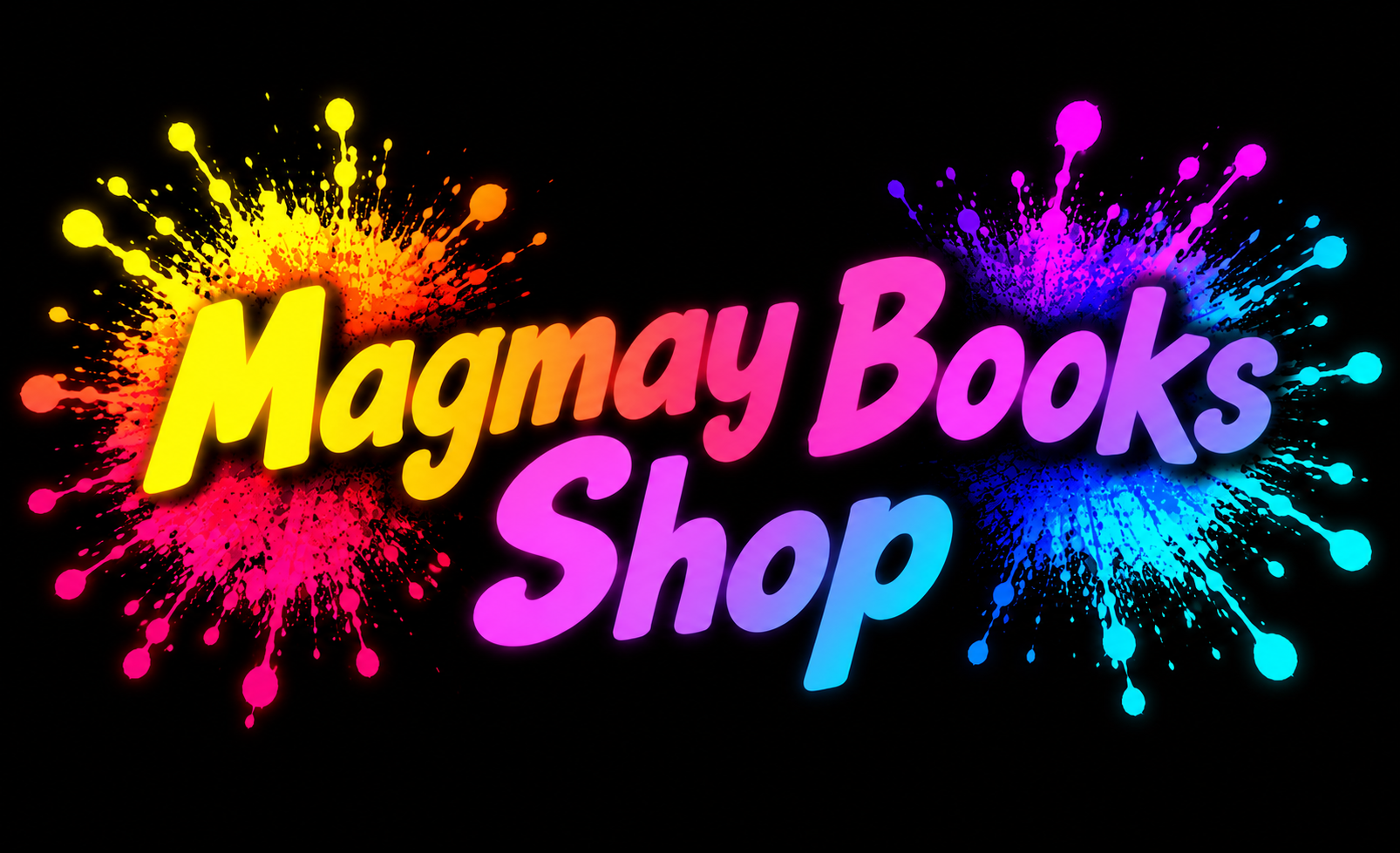Magmay Books Shop title in bright neon paint-splash lettering