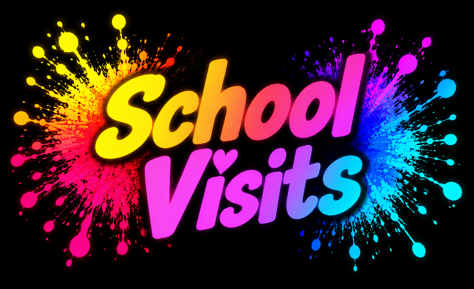 School Visits title in bright neon paint-splash lettering for Pink Patsy author school visits by Magmay Books