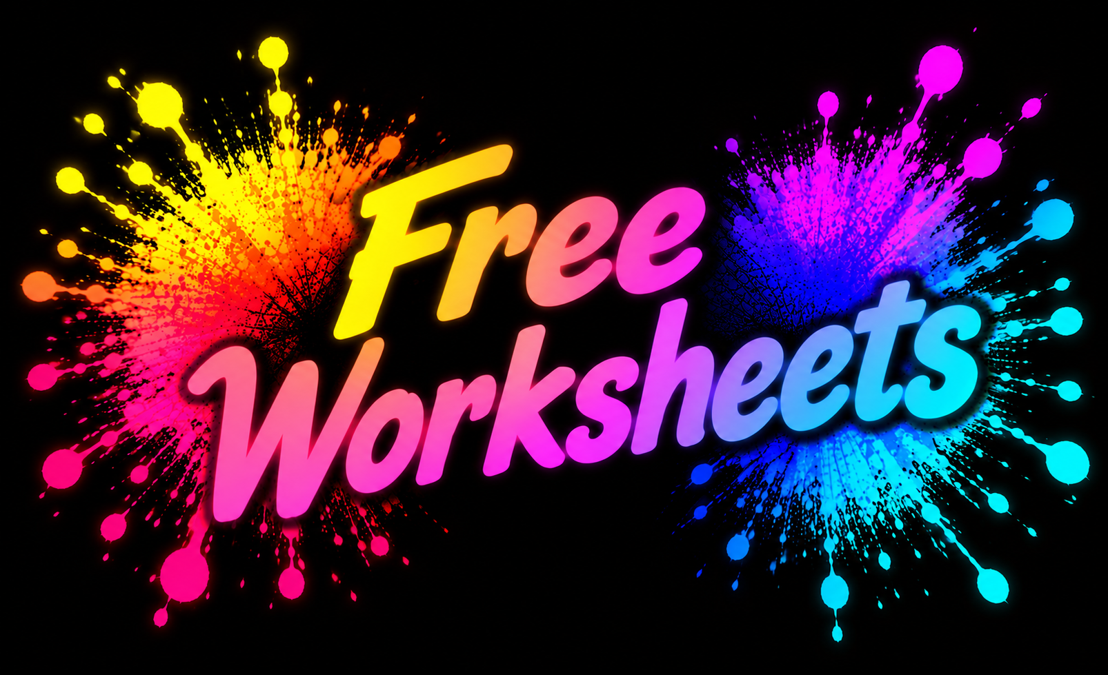 Free Worksheets title in bright neon paint-splash lettering for free Pink Patsy printable worksheets by Magmay Books
