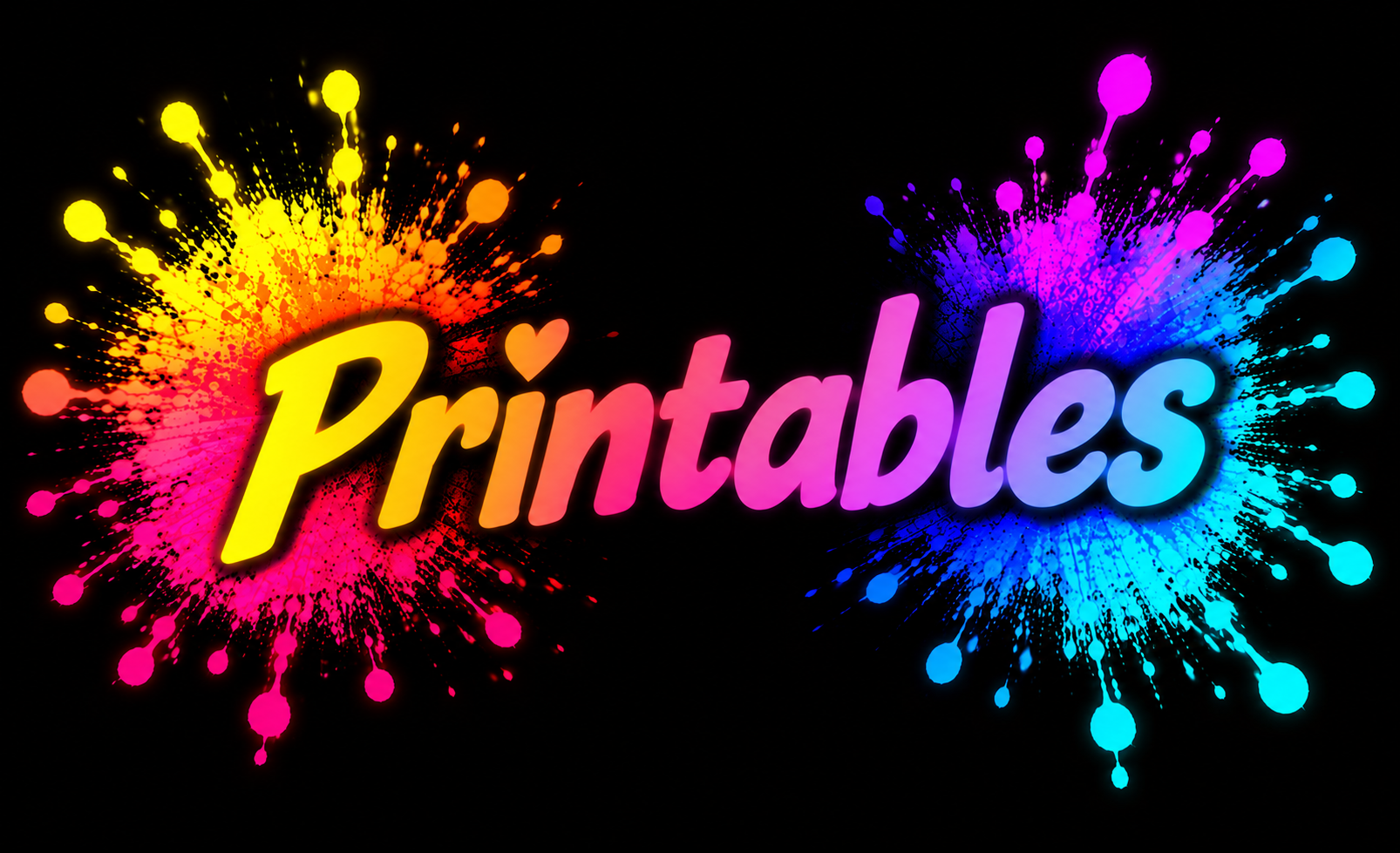 Printables title in bright neon paint-splash lettering for Pink Patsy printables by Magmay Books