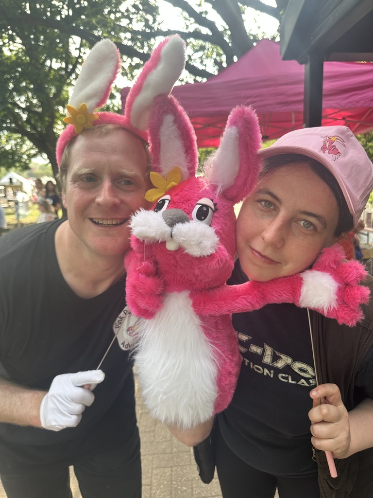 Puppeteers Jake and Kim with the Pink Patsy puppet at the Pink Patsy Puppet Show, East Finchley Festival