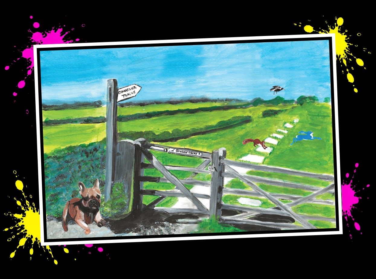 Margaret’s painting of Bobby Blue at the Keates Quarry dinosaur footprints
