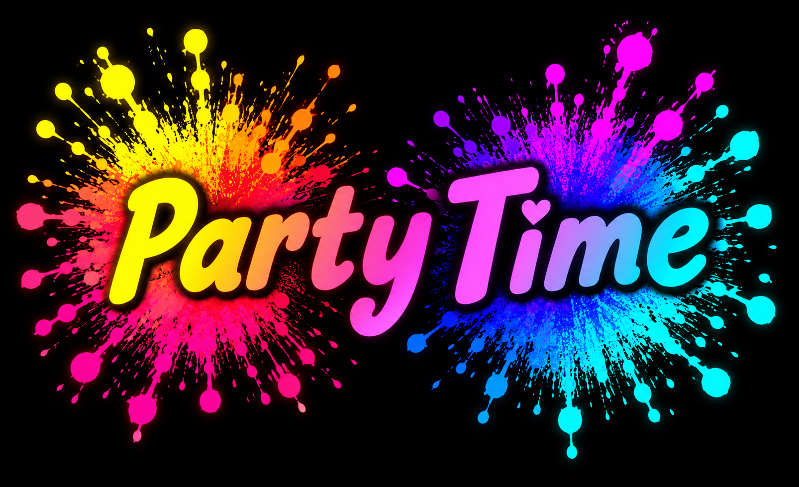 Party Time title in bright neon paint-splash lettering for Pink Patsy children's parties by Magmay Books