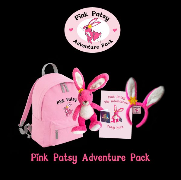Pink Patsy Adventure Pack: pink rucksack, Pink Patsy Teddy Hare with passport, Adventure Diary and pink soft ears