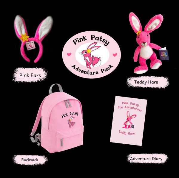 Pink Patsy Adventure Pack contents: pink soft ears, Pink Patsy Teddy Hare, pink rucksack and the Adventure Diary