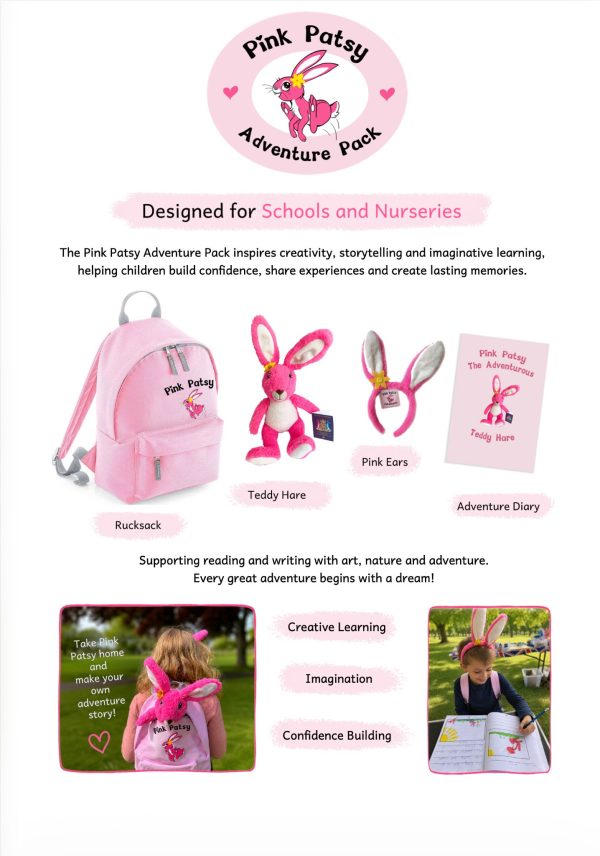 Pink Patsy Adventure Pack: pink rucksack, Pink Patsy Teddy Hare, pink soft ears and Adventure Diary, designed for schools and nurseries
