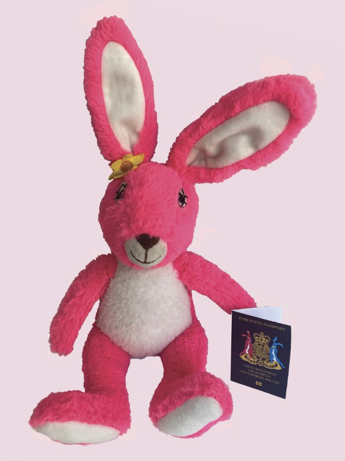 Pink Patsy teddy hare holding her Pink Patsy passport