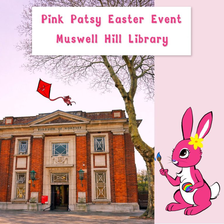 Pink Patsy holding a paintbrush and rainbow egg beside Muswell Hill Library for a Pink Patsy arts and crafts event