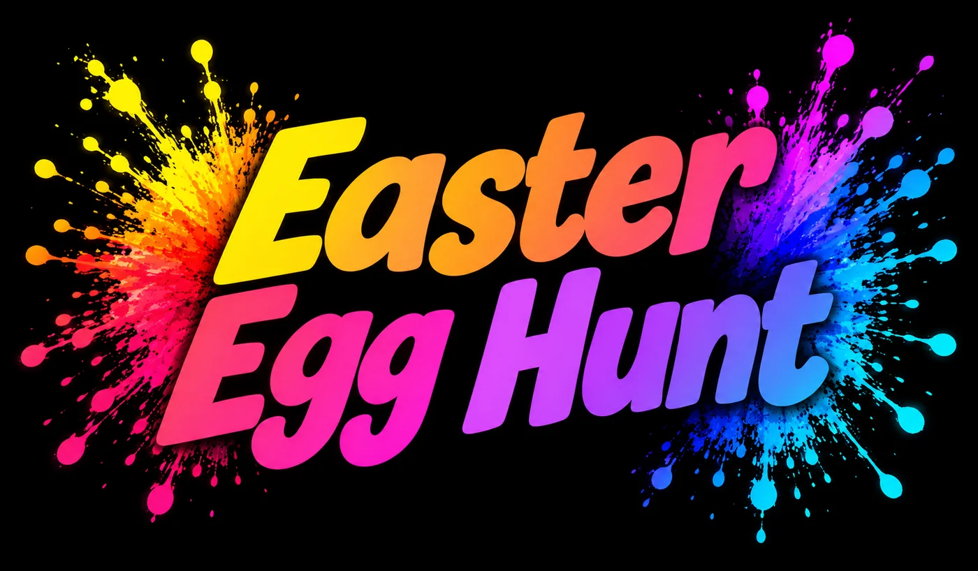 Easter Egg Hunt title in bright neon paint-splash lettering for the Pink Patsy children's Easter event by Magmay Books