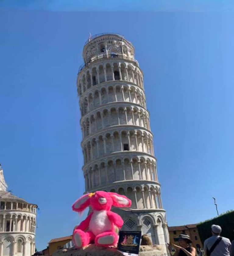 Pink Patsy sitting in front of the Leaning Tower of Pisa in Italy on a sunny day