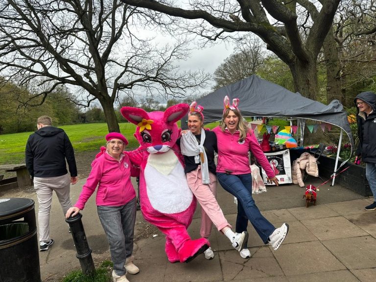 Your Easter Egg Hunt hosts Sharon, Wendy and Margaret with the Pink Patsy mascot at the Cherry Tree Café in Cherry Tree Wood, East Finchley