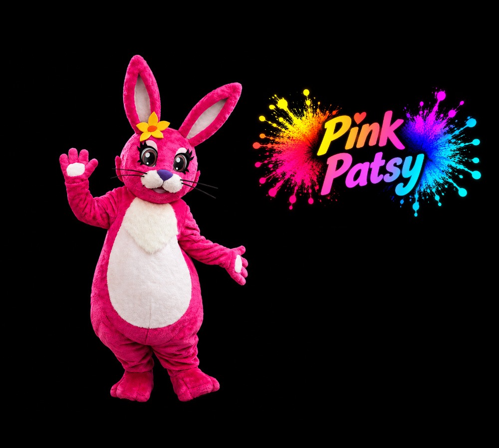 Pink Patsy bunny mascot for children's parties, birthday celebrations, school visits, library events and family entertainment.