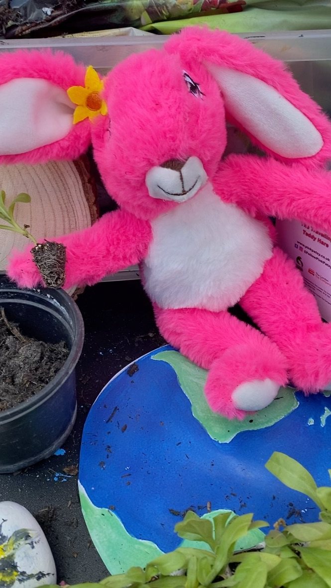 Pink Patsy teddy hare sitting on a hand-painted planet Earth, holding a little seedling ready to plant